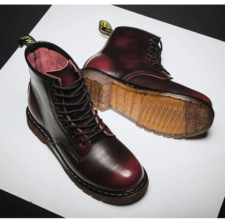 New Couple Boots Genuine Leather Motorcycle Shoes Breathable Waterproof Anti-Slip Warm Cotton Men's Women's Fashion Ankle Boots