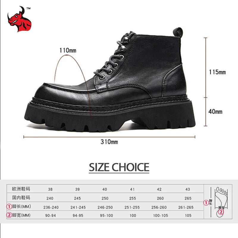 Men's Motorcycle Boots Genuine Leather High Top Motorbike Ankle Boots Thick Soled Vintage Round Toe Casual Punk Dress Shoes