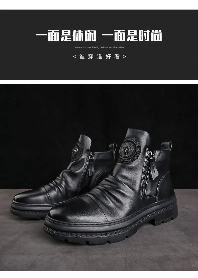 Luxury Men's Ankle Boots New High Top Men Shoes Motorcycle Leather Boots Zipper Retro Men's Boots Casual Shoes Bota Masculina