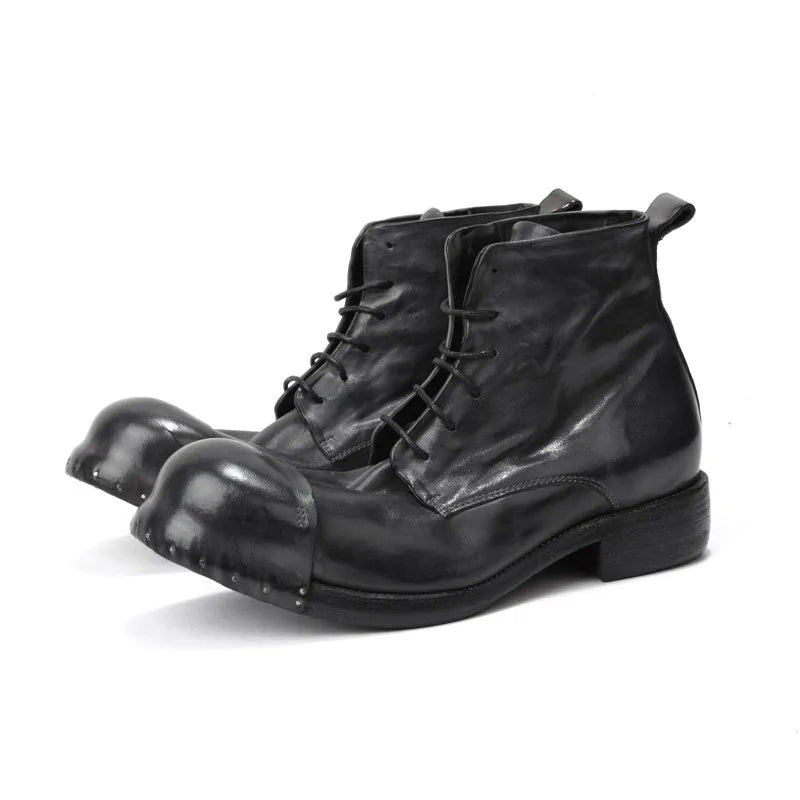 Retro Horsehide Genuine Leather Mens Boots Handmade Lace Up High Top Work Cargo Shoes High Quality Motorcycle Short Boots Male