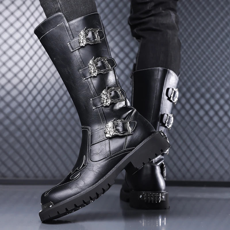 Fashion Men's Leather Shoes Keep Warm High Top Shoes All-match Outdoor Male Motorcycle Boots Mid-Calf Boots Leisure Walk Botas