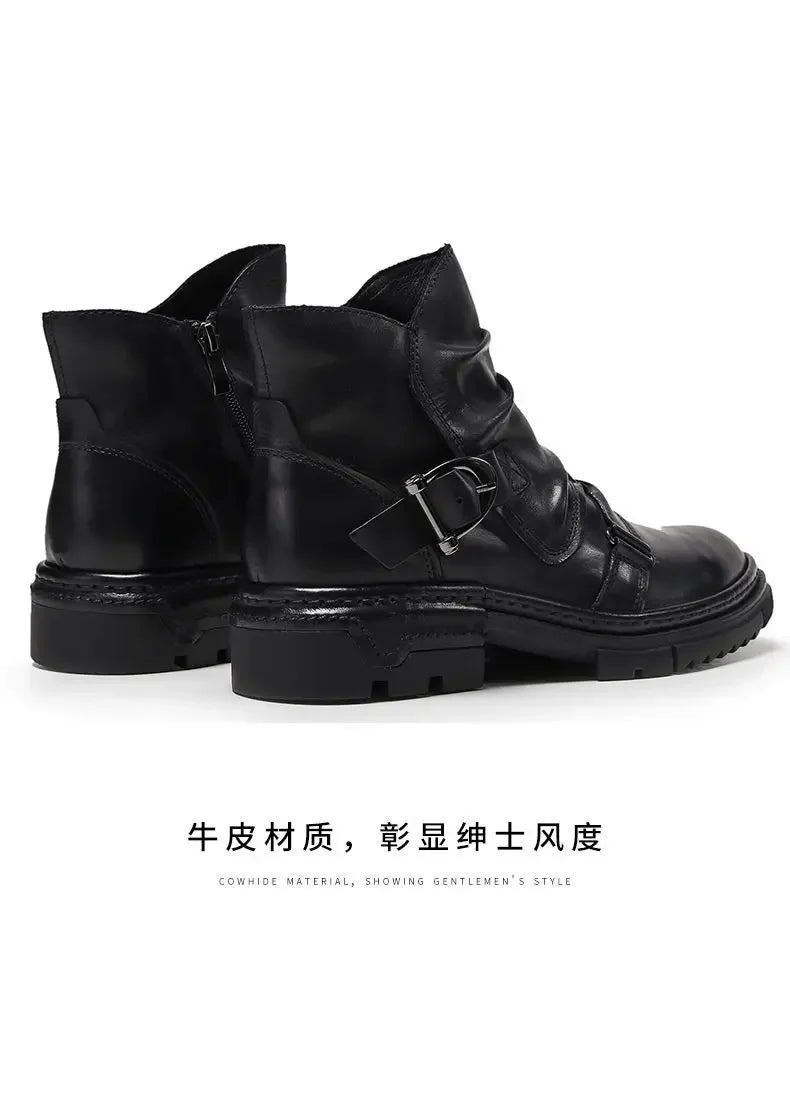 2025 Retro Men's Motorcycle Leather Boots British Style Round Head High Top Shoes Casual Platform Boots Moto Street Gear