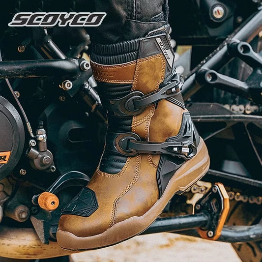 SCOYCO Motorcycle Boots Motorcycle Tour Boots Waterporoof Rally Shoes Four Seasons Men Ankle TPU Protections Moto Riding Boots