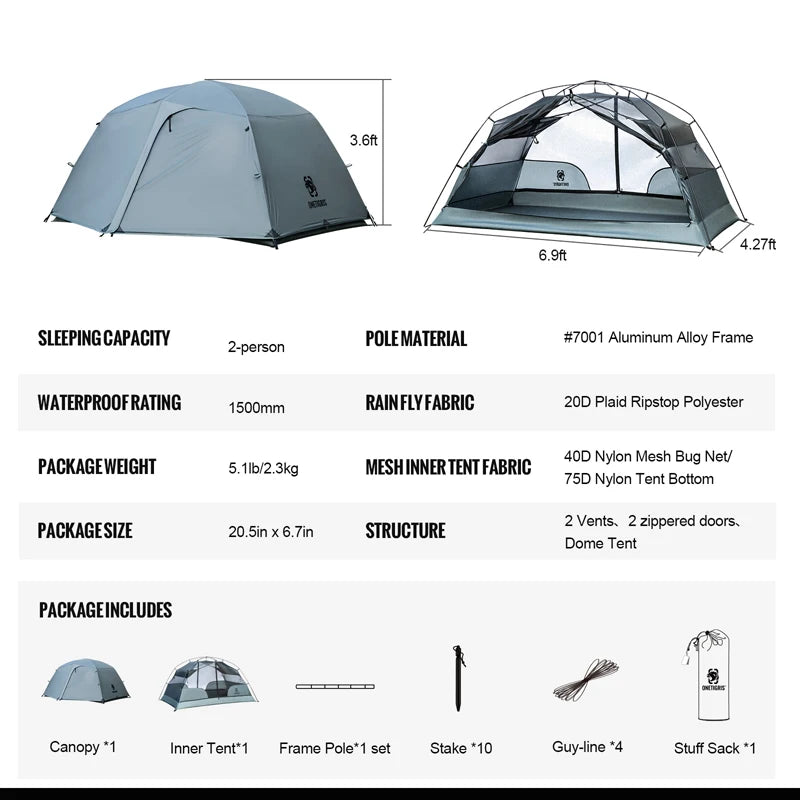 OneTigris COSMITTO 2.0 Camping tent for Two Person 3-Season Easy Setup Instant Travel Tent For Hiking Trekking Fishing Beach