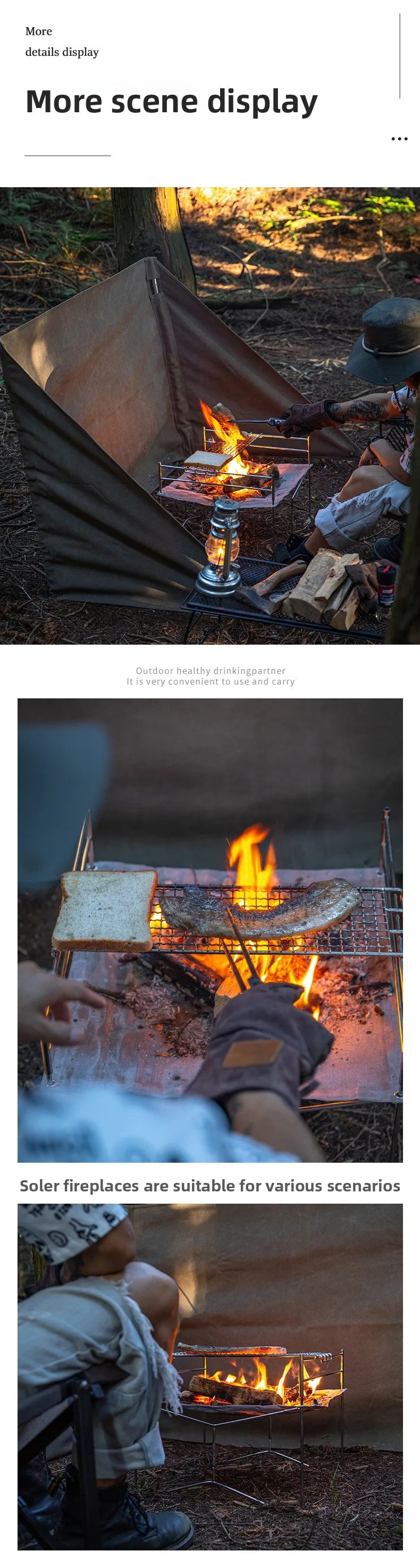 Outdoor Camping Heating Stove Campfire Stainless Steel Foldable Lightweight Grill with Grill Net Solo Fire Pit Wood Stove