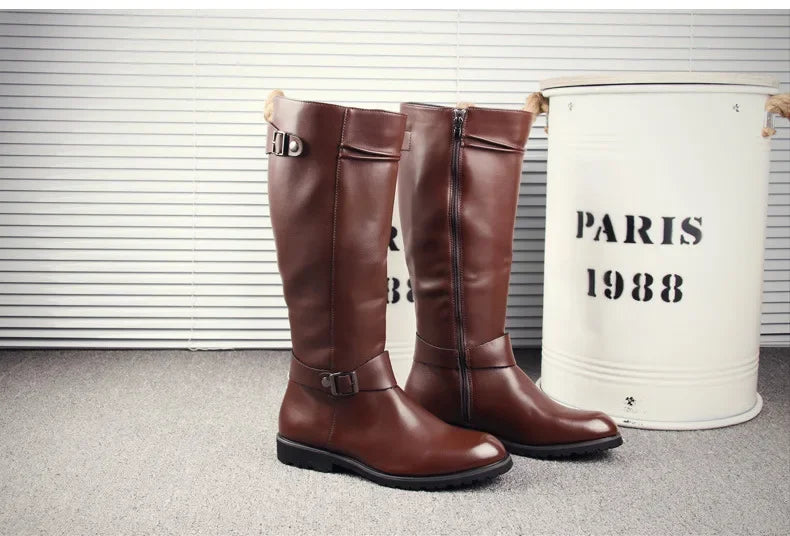 Pop British Mens Black Leather Knee High Boots Desiger Zip Long Motorcycle Shoes Antique Cosplay Stage Botas Casual Comfort Zapa