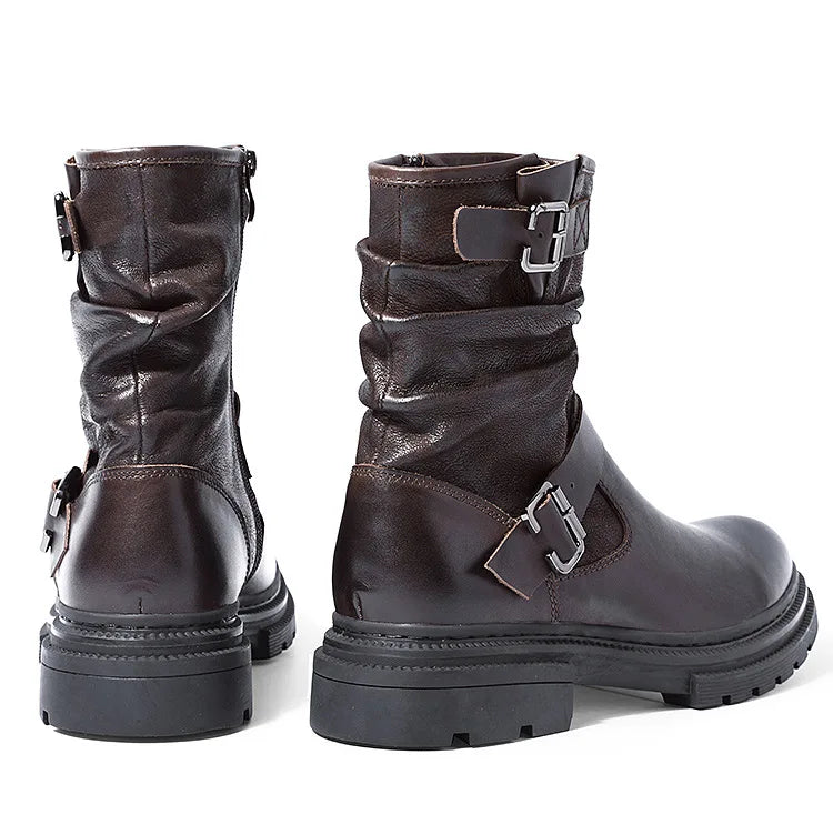 Waterproof Motorcycle Boots Autumn Quality Genuine Leather Retro High Top Motorbike Boots Wear Resistant Moto Riding Shoes