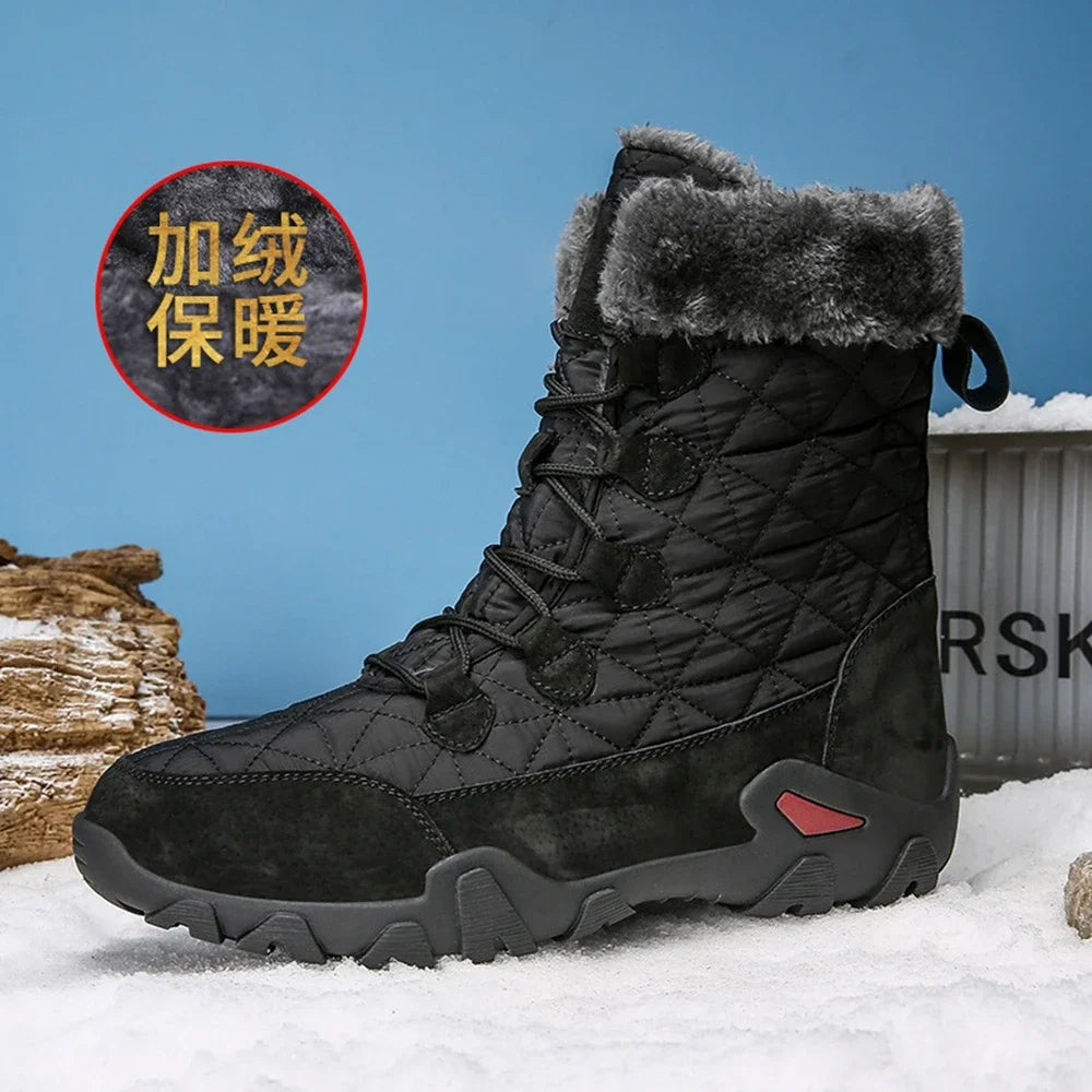 Motorcycle Winter Snow Boots Thickened Thermal Plush Boots Waterproof Outdoor Hiking Shoes Cow Leather Warm Skiing For Men