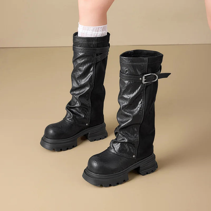 Fujin 8cm Knee High Boots Sexy for Women Platform Heel Motorcycle Booties Punk Genuine Leather Autumn Comfortable Chunky Shoes