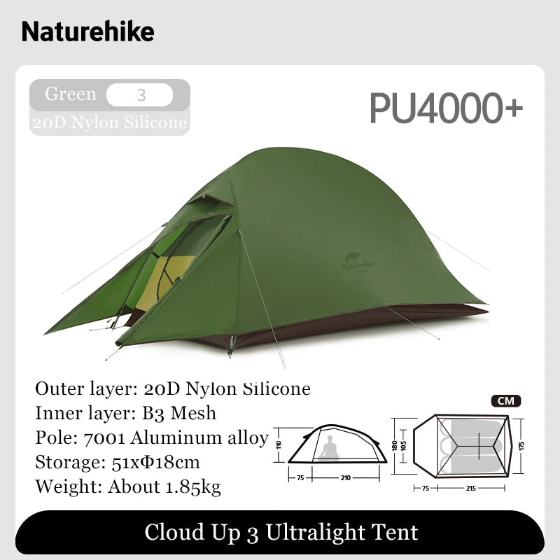 Naturehike Outdoor Upgrade Cloud Up 2 3 Person Tent 20D Nylon Silicone Double Layer Aluminum Pole Ultralight Camping Hiking Tent