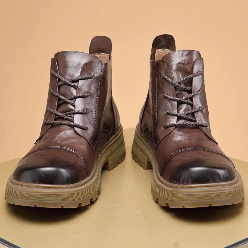 Motorcycle Boot British Style High-top Lace-up Ankle Boots Autumn Winter New Luxury Men's Genuine Leather Designer Shoes