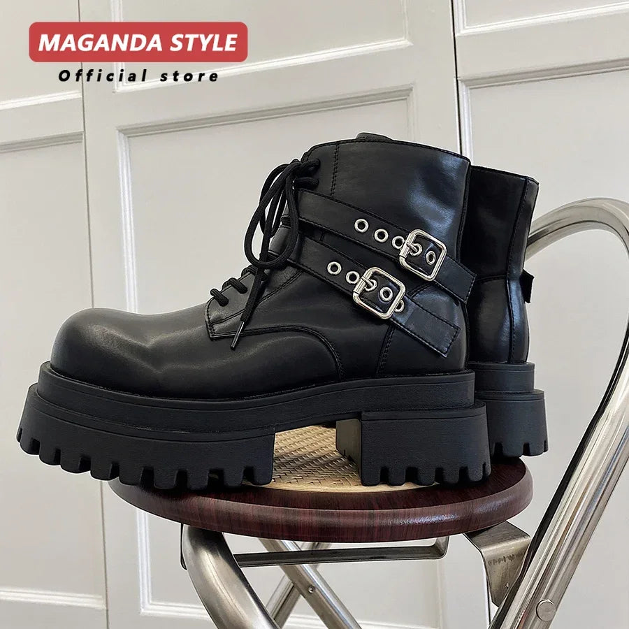 Height increased by 7CM short leather boots for men's dark punk functional motorcycle boots commuting buckle work clothes shoes