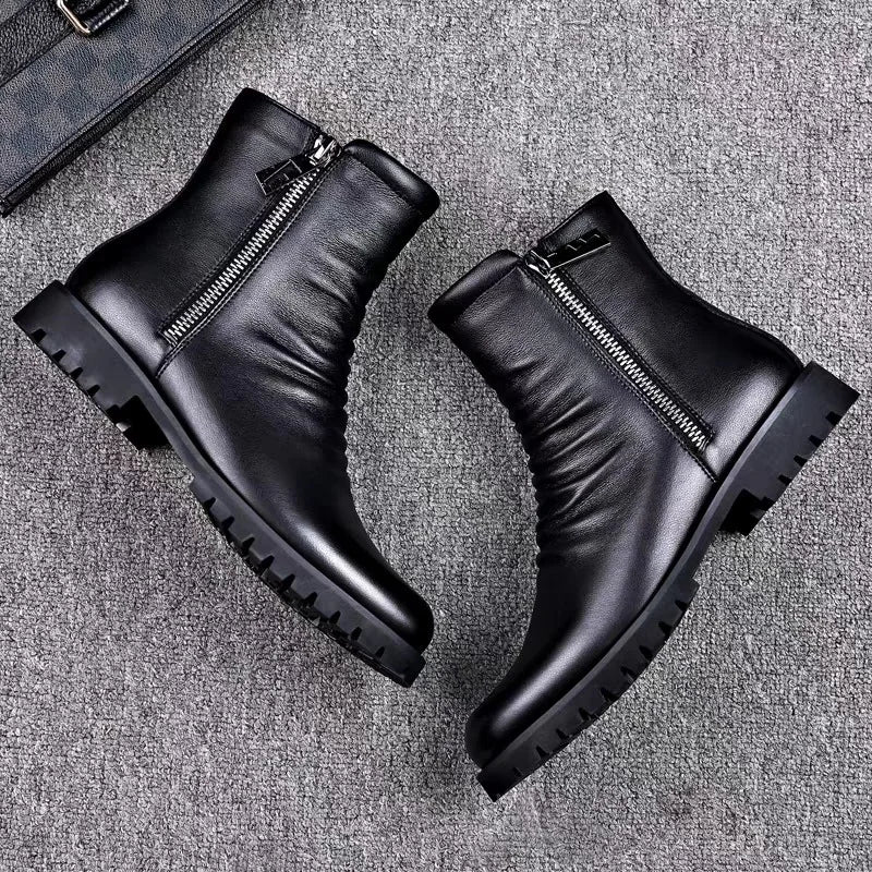 Ankle Boots Mens Split Soft Leather Mid Top Winter Vintage Plush Warm Soft Leather High Top British Side Zipper Chelsea Boots