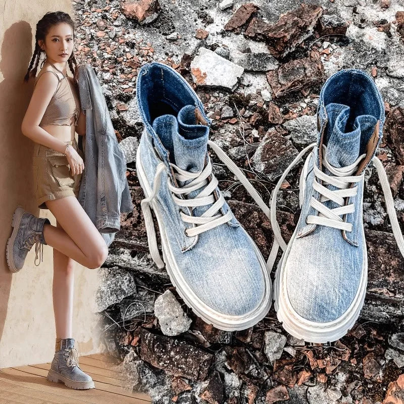 Retro Ankle Boots for Women's Lace Up Thick Sole Shoes Female Round Toe Short Boots Work Dress Western Denim Boots Shoes women