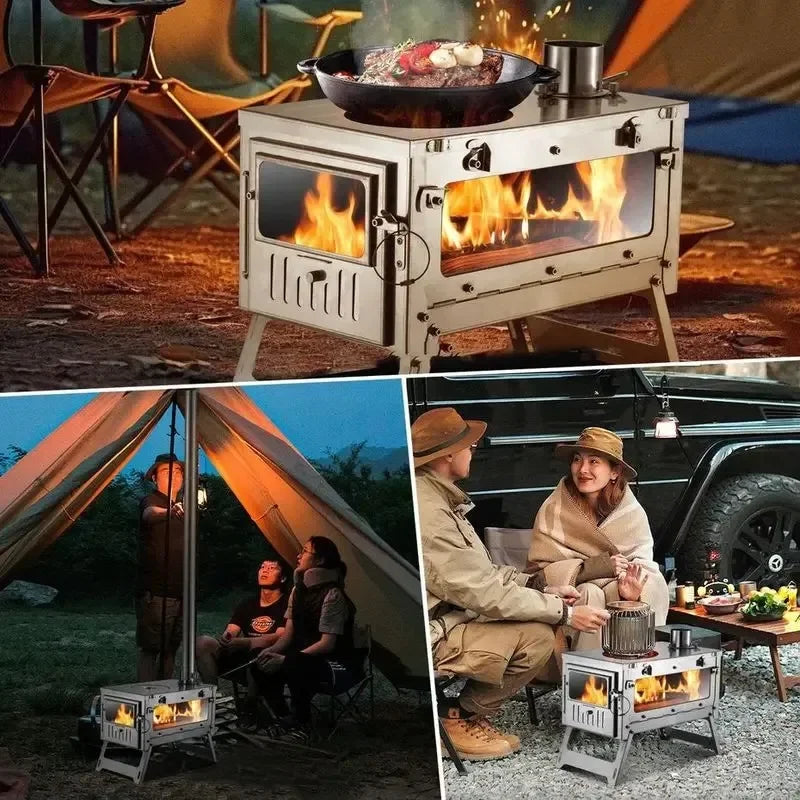 Stainless Steel Portable Tent Stove Foldable with Side Glass Chimney Burner Camping Wood Stove Heating Cooking Grill