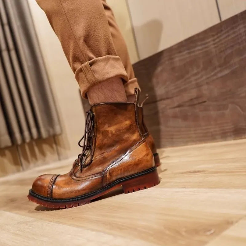 Vintage Mens Round Toe Lace Up High Top Work Safety Shoes Cowhide Genuine Leather Ankle Boots British Motorcycle Riding Boots 45