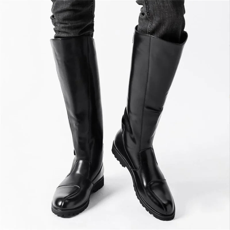 New Arrival Black Long Knee Boots Men Round Toe Buckle High Top Casual PU leather Shoes Man Motorcycle Boots Size 37-46