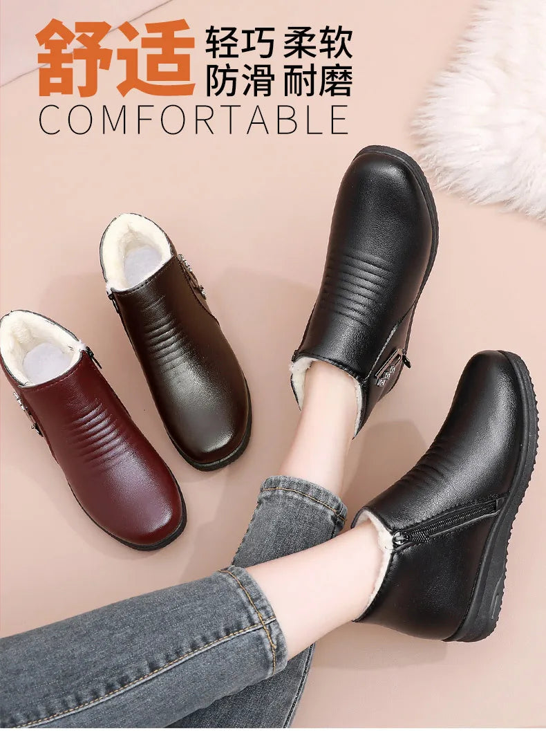 2024 New Women's Real Leather Ankle Boots Thick Bottom Plush Shoes Women Winter Warm Shoes Fashion Cool Footwear Size 35-41