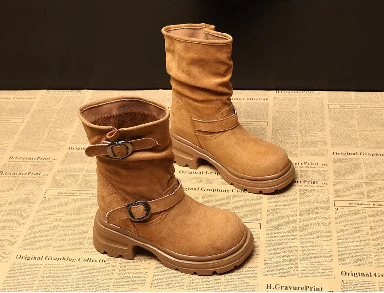 Fujin 9cm Leather Women’s Platform Ankle Boots Booties, Chunky Motorcycle Style Casual Streetwear Fall Winter Fashion Shoes