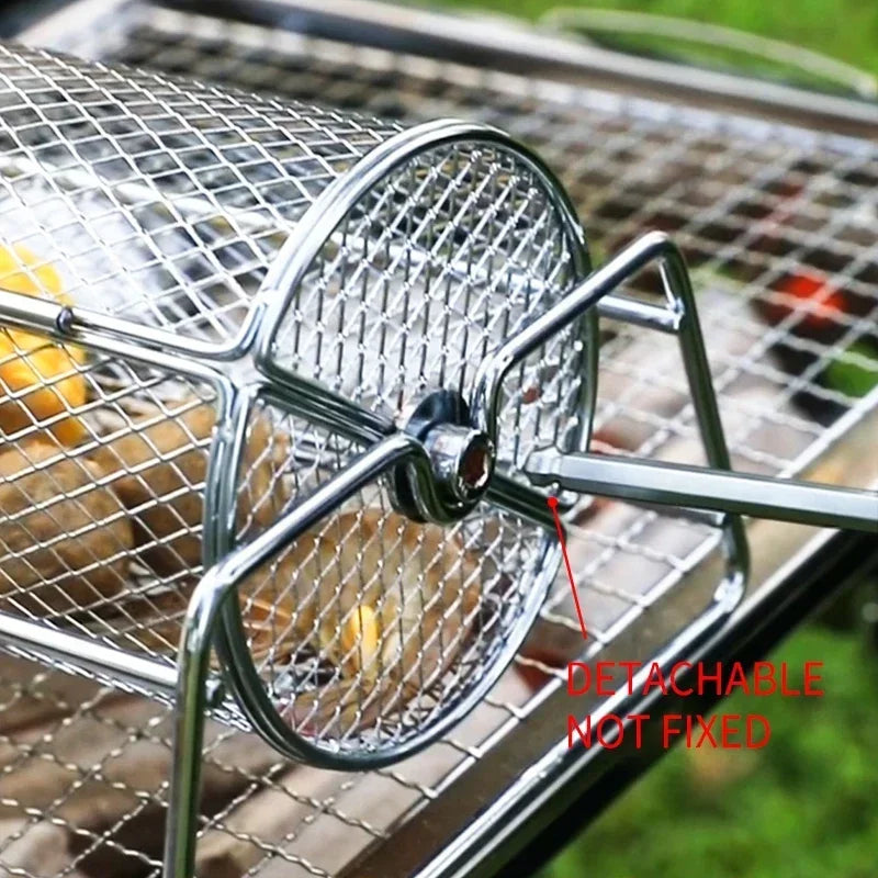 Stainless Steel Rolling BBQ Grill Manual Rotating Barbecue Cage with Base Rotisserie Basket Roll Barbecue Cage Outdoor Roaster