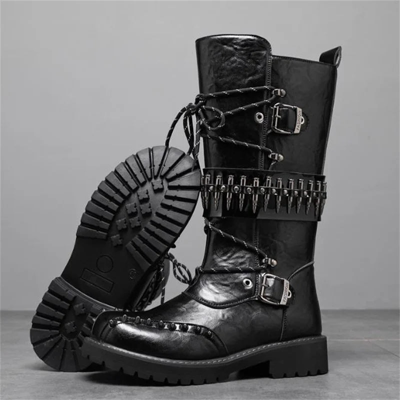 Round Toe Metal Decorations Belt Buckle men Boots Thick Sole Flats Black Zipper Fashion Punk Gothic  Equestrian Motocycle Boots
