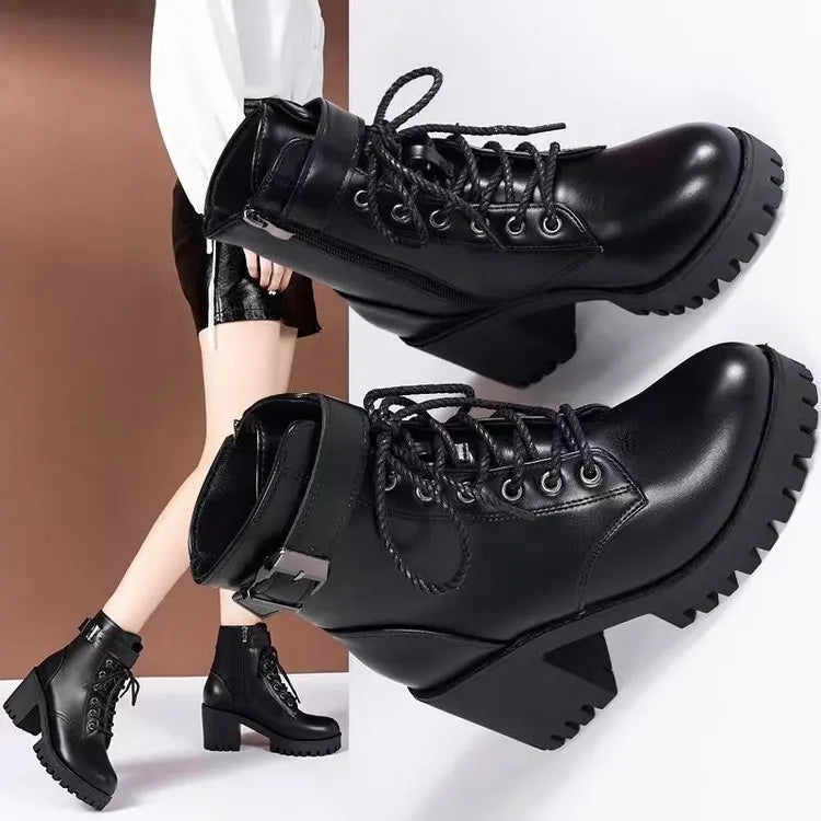 Winter Women's Boots 2025 New Lace Up Boots for Womens Fashion Thick Heel Side Zipper Ankle Boots Warm Female Motorcycle Shoes