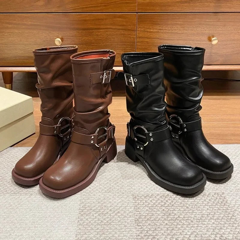 Fashion Buckle Motorcycle Boots Women Round Toe Med Heels Ankle Boots Woman 2024 Pu Leather Square Heel Autumn Platform Shoes