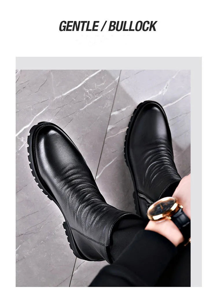 Ankle Boots Mens Split Soft Leather Mid Top Winter Vintage Plush Warm Soft Leather High Top British Side Zipper Chelsea Boots