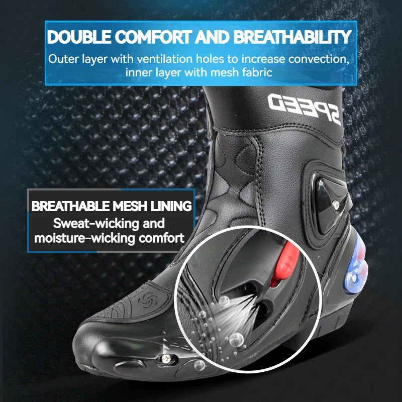 SPEED Botas Motorcycle Riding Boots for Men Rubber Sole Sport Bikes Ankle Protective Motorcycle Shoes with Zipper Closure