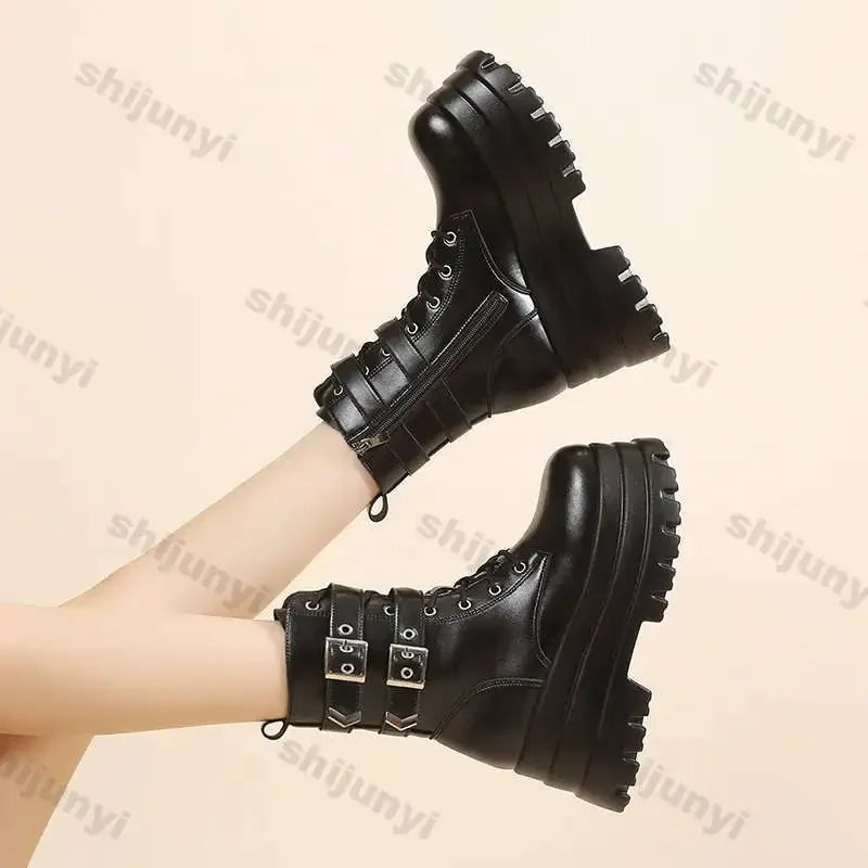 Women Boots British Belt Buckle 2025 Autumn New Height Increasing Thick Soled Short Boot Lace Up Zipper Fashion Motorcycle Boots