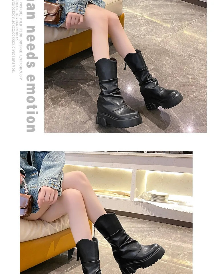 9CM Women Mid Calf Boots Autumn Winte Soft Leather Motorcycle Boots High Platform Square Heels Ladies Chunky Shoes Botas Mujer