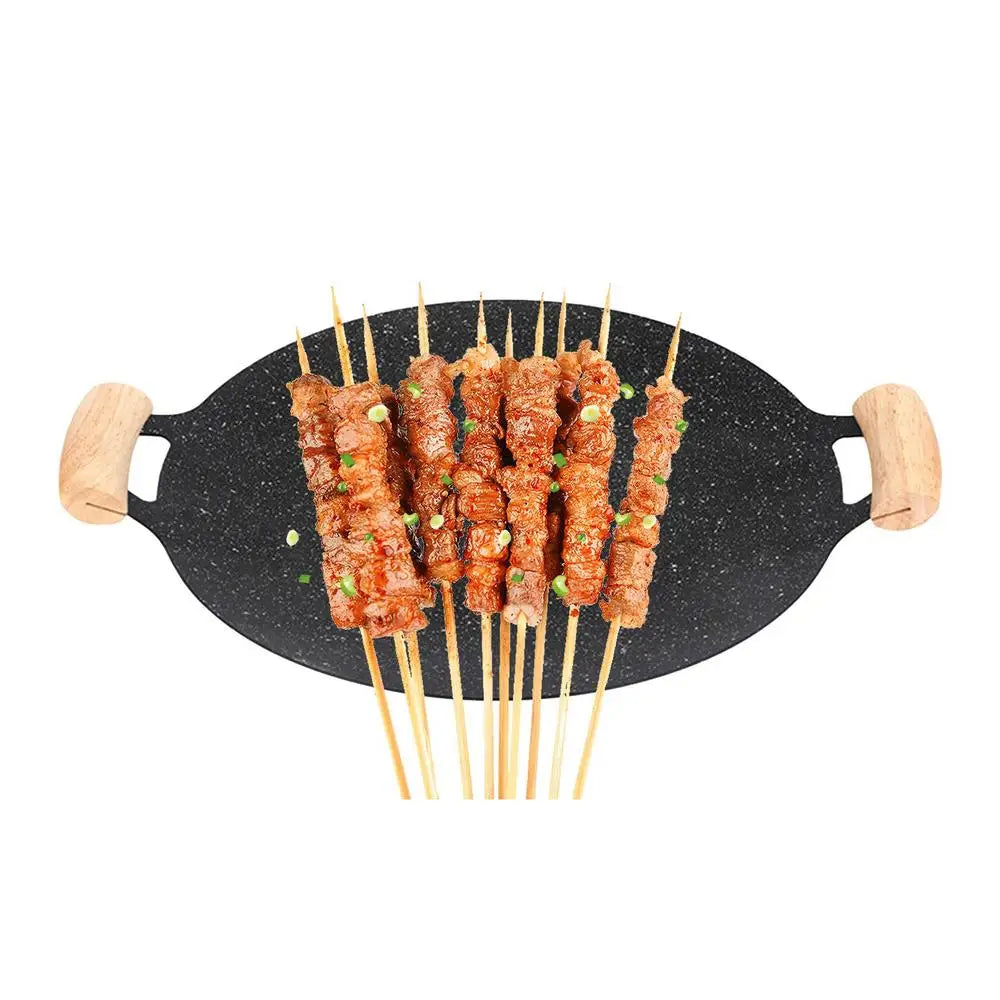 BBQ Grill Pan Non Stick Cast Iron Baking Pan Frying Pan with Wooden Handle Griddle Grill Pan Camping Stove Plate outdoor cooking