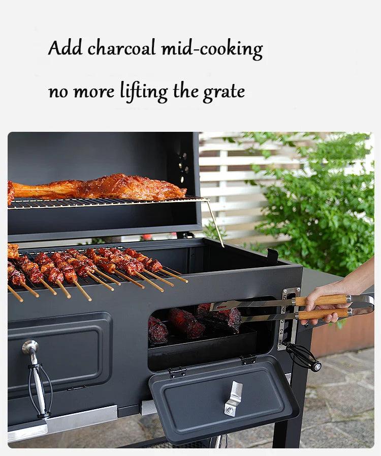 Portable Outdoor Bbq Wood  Grills Large Duty Charcoal Bbq Grill Trolley Smoker Barbecue Grill With Foldable Double Side Table