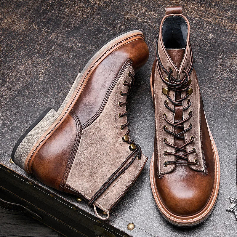 Retro Leather Men Motorcycle Boots High Top Motorbike Riding Boots Fashion Comfortable Ankle Boots Trekking Outdoor Shoes Brown