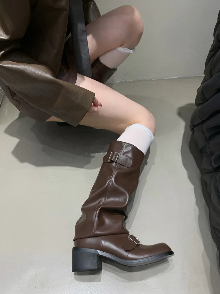 Woman Boots Knee High Platform Heels Trend Punk Gothic New Rock Leather Fashion Women Shoes Motorcycle Footwear Zapatos De Mujer