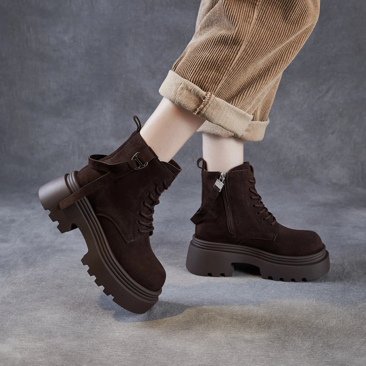 6.5cm Cow Suede Genuine Leather Women Booties Elthnic Pumps Comfy Ankle Knee High Spring Motorcycle Shoes Flats Platform Wedge