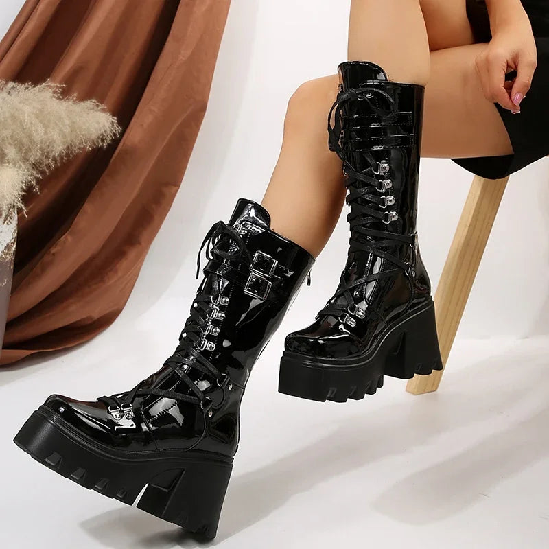 2024 New Punk Motorcycle Boots Women Patent Leather Wedges Platform Mid Calf Boots Woman Lace-Up Chunky Heel Gothic Botas Mujer