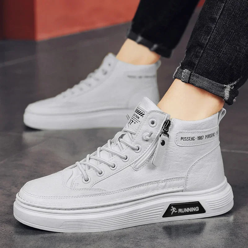 Leather Boots for Men Zipper Man Sneakers Fashion Ankle Boots High Top Man Boots Solid Sports Shoes 2024 Trend Motorcycle Boot