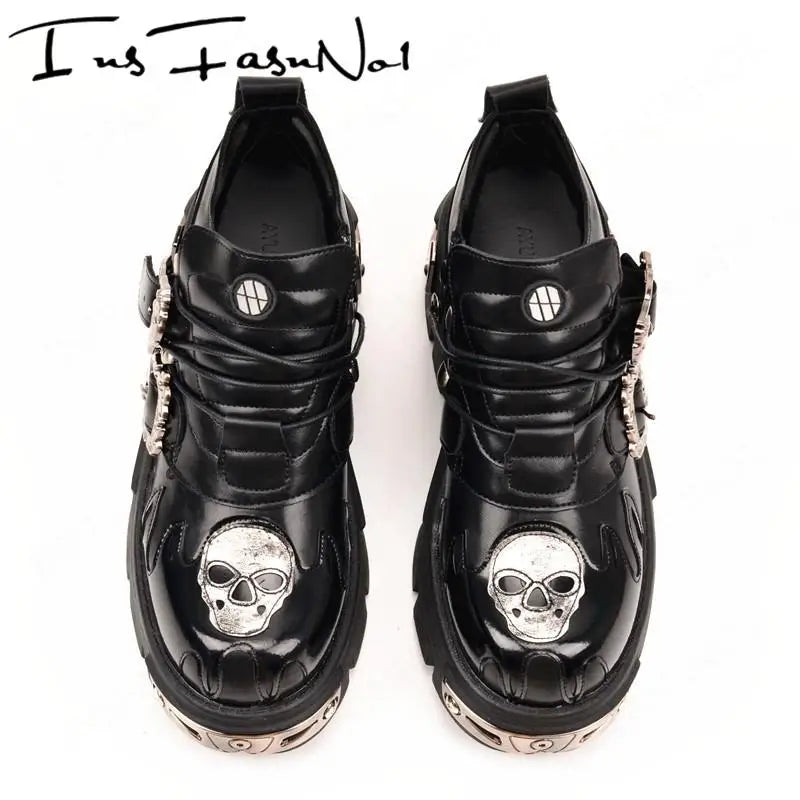 New Men's Gothic Skull Boots Black Women Shoes Designer Punk Metal Platform Walking Sneakers Skeleton Metal Buckles Ankle Boots