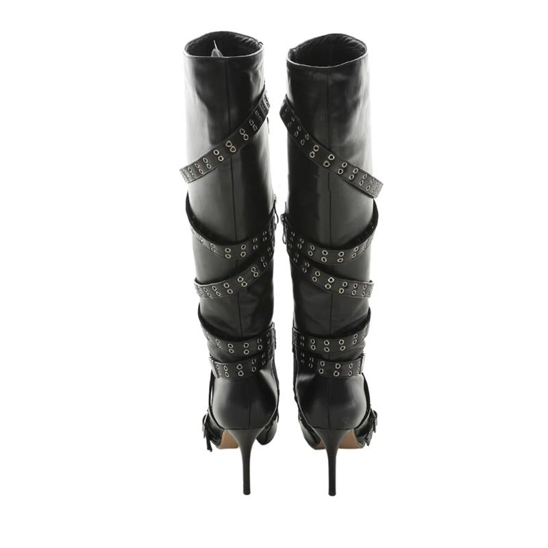 Brand Cross Strap Riveted Retro Silvery Knee High Boots New Spicy Girl Pointed High Heel Motorcycle Boots Fashion Women Shoes