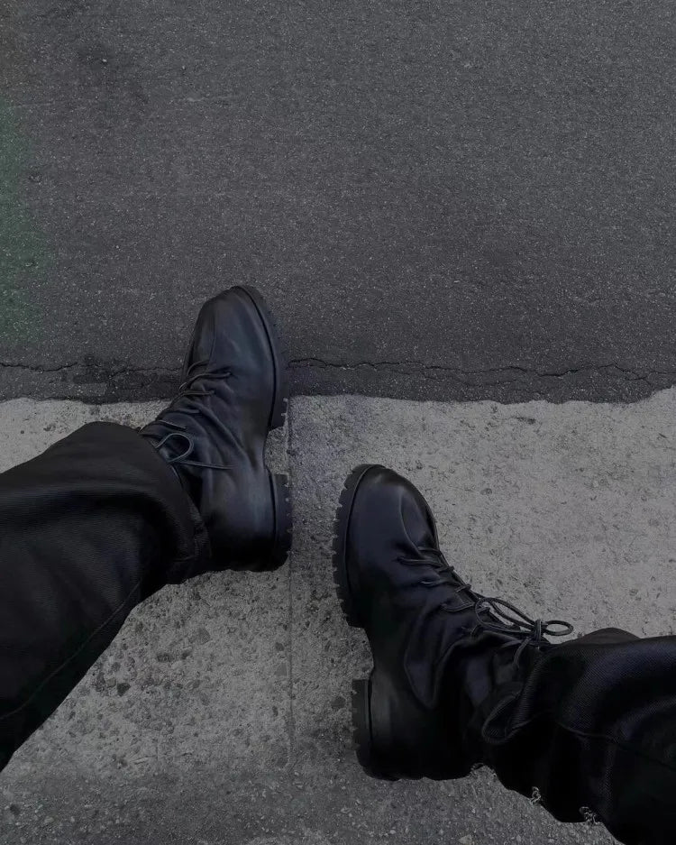 Gothic Designer Men High Top Sheepskin Genuine Leather Ankle Boots Lace Up Thick Platform Runway Shoes Vintage Work Safety Boots