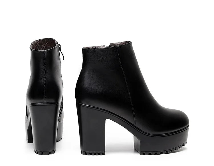 8cm 10cm Small Size 33-43 Thick Bottom Platform Shoes Ankle Boots with Fur 2024 Block High Heels Genuine Leather Boots Office