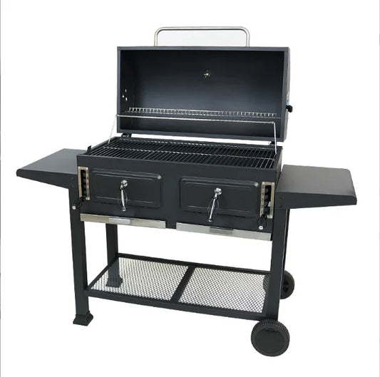 Portable Outdoor Bbq Wood  Grills Large Duty Charcoal Bbq Grill Trolley Smoker Barbecue Grill With Foldable Double Side Table