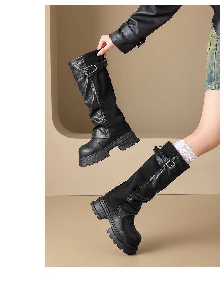 Fujin 8cm Knee High Boots Sexy for Women Platform Heel Motorcycle Booties Punk Genuine Leather Autumn Comfortable Chunky Shoes