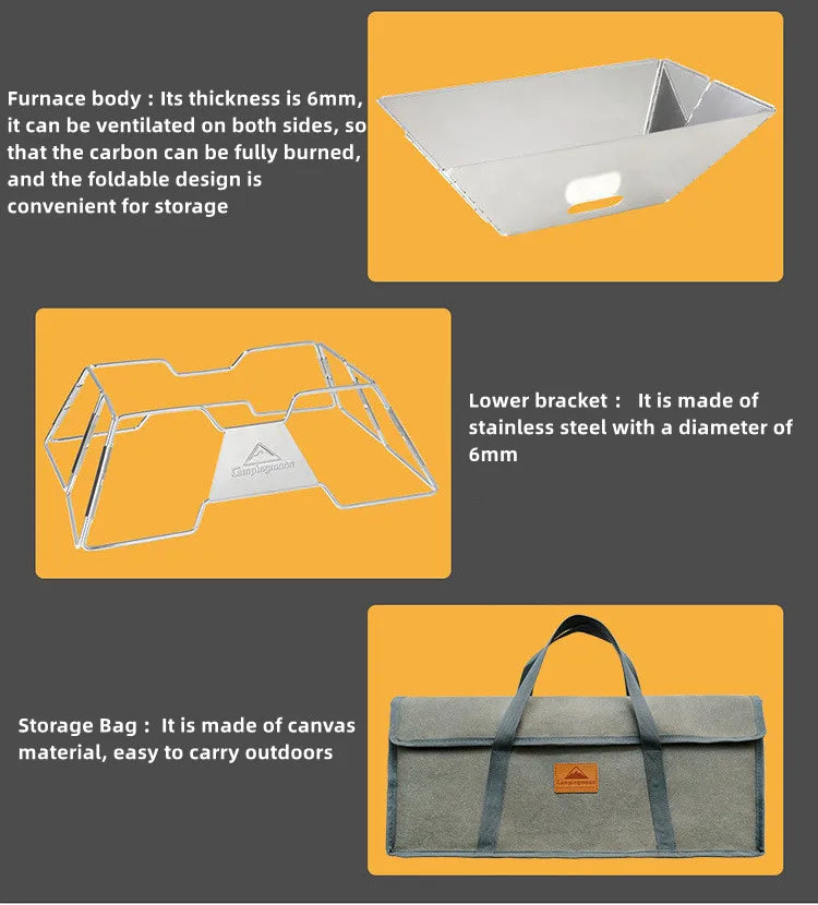 CAMPINGMOON MT-3 Large Folding BBQ Grill Stainless Steel Barbecue Grill BBQ Oven Grill