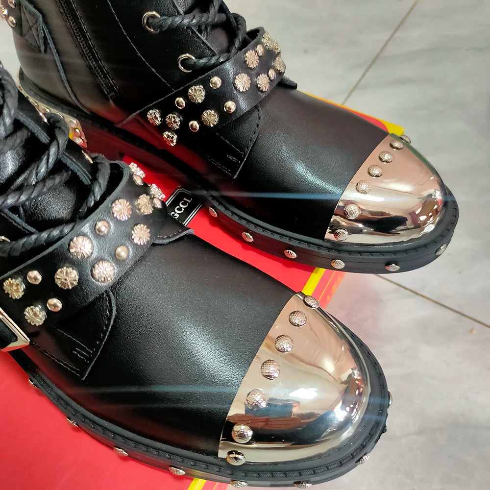 New high quality heavy metal men's fashion motorcycle casual popular ankle boots Autumn winter luxury tall boots pocket boots A6