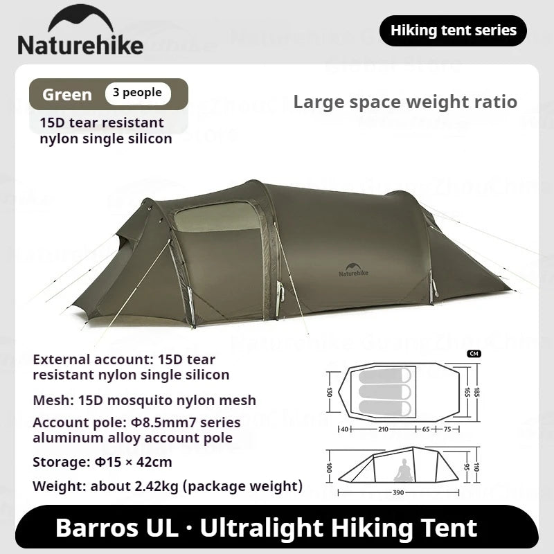 Naturehike Opalus UL Tunnel Tent 2-3 Person 15D Nylon 4 Season Hiking Tent Lightweight Large Space Outdoor Travel Camping Tent