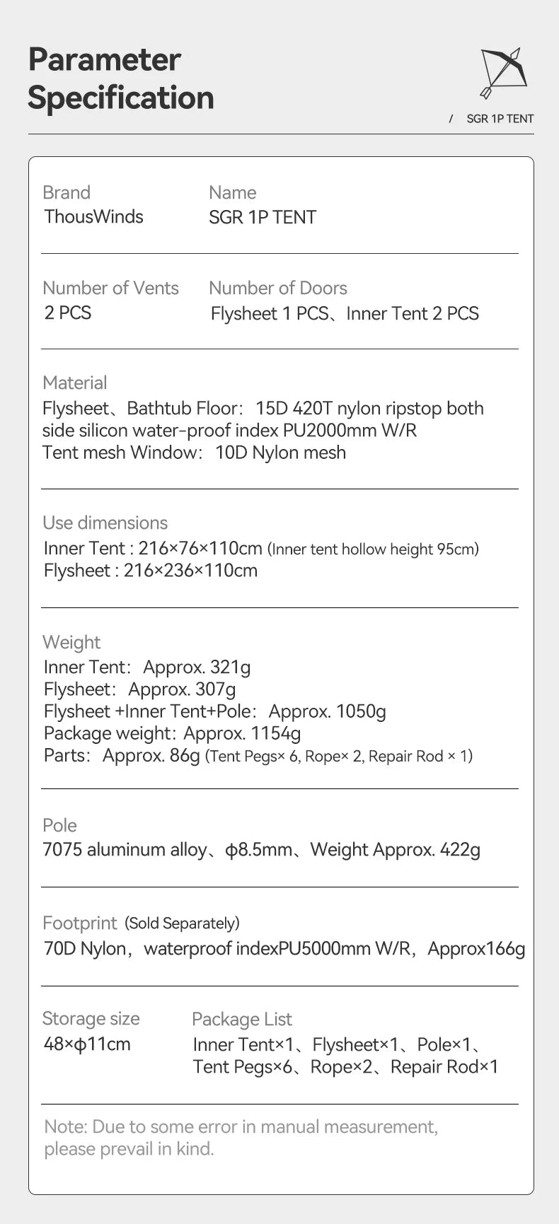 Thous Winds SGR 1-Person Backpacking Tent, 3-Season Ultralight Hiking Tent, 15D Nylon Ripstop Both Side Silicon Camping Tent
