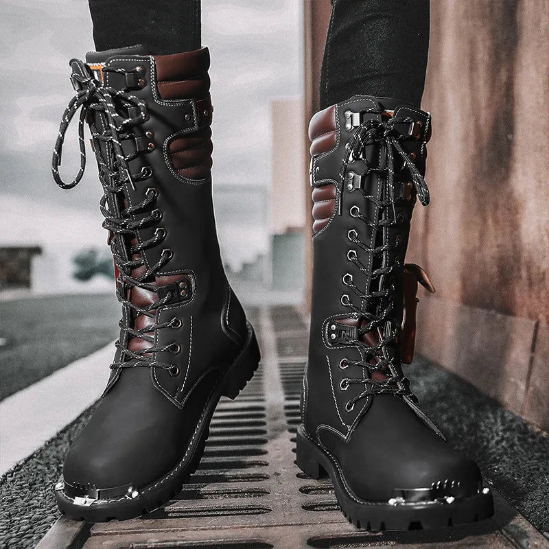 Men Motorcycle Boots Fashion Mid-Calf Punk Rock Punk PU Leather Black High Top Mens Casual Boot Steel Toe Shoes Big Size 38-46