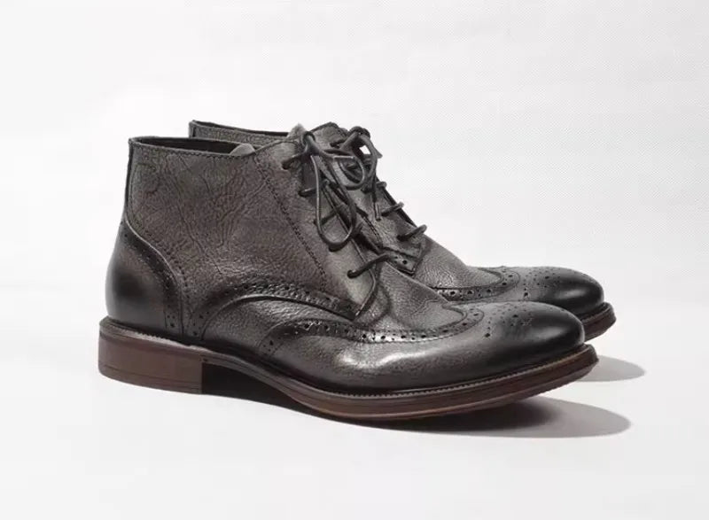 Casual Handmade Vintage Cowhide Genuine Leather Short Boots Men Carving Design High Top Cargo Shoes Men Lace Up Motorcycle Boots